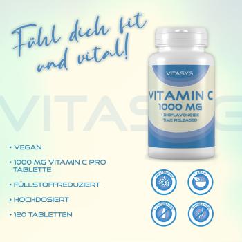 Vitamin C 1000mg 120 Tabletten mit Hagebutte und Bioflavonoiden - Time Released