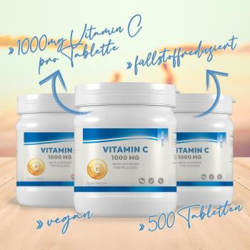 Vitamin C 1000mg 500 Tabletten mit Hagebutte und Bioflavonoiden - Time Released