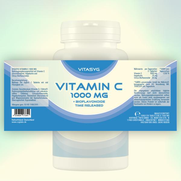 Vitamin C 1000mg 120 Tabletten mit Hagebutte und Bioflavonoiden - Time Released