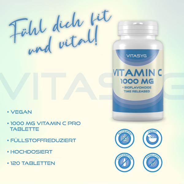 Vitamin C 1000mg 120 Tabletten mit Hagebutte und Bioflavonoiden - Time Released